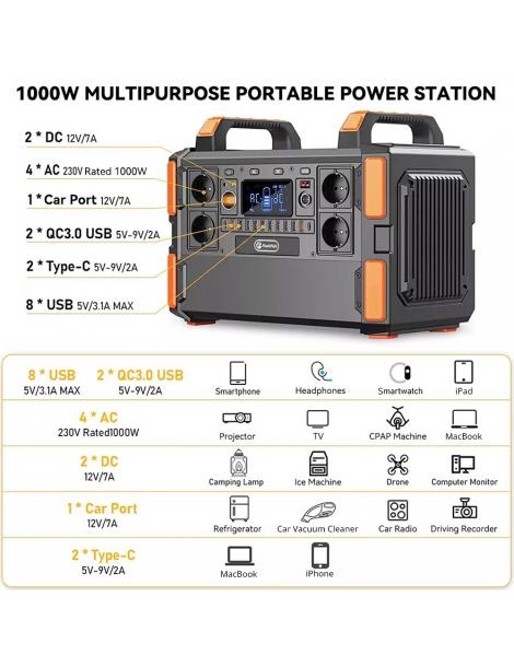 Generatore solare portatile Flashfish F132 1041.6Wh/1000W batteria LiFePo4 uscita 230V AC 19 uscite versione UE Nuova