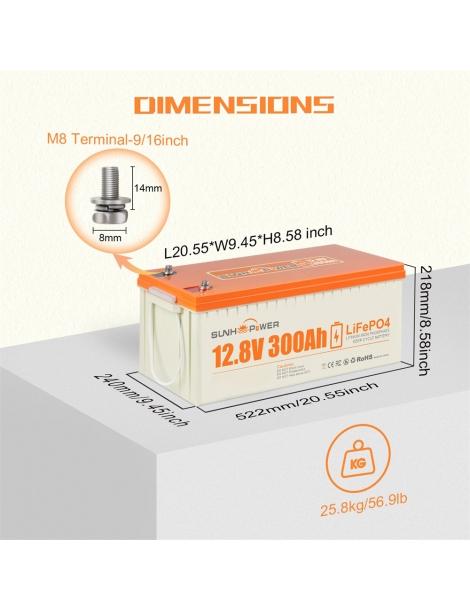 SUNHOOPOWER 12V 300Ah LiFePO4 Batteria energia 3840Wh BMS 200A integrato potenza di carico max. 2560W IP68 Qualità Garantita