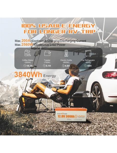 SUNHOOPOWER 12V 300Ah LiFePO4 Batteria energia 3840Wh BMS 200A integrato potenza di carico max. 2560W IP68 Qualità Garantita