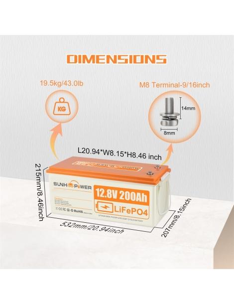 SUNHOOPOWER 12V 200Ah LiFePO4 Batteria energia 2560Wh BMS 100A integrato potenza di carico max. 1280W IP68 Negozi Online