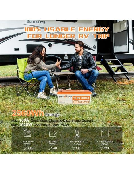 SUNHOOPOWER 12V 200Ah LiFePO4 Batteria energia 2560Wh BMS 100A integrato potenza di carico max. 1280W IP68 Negozi Online