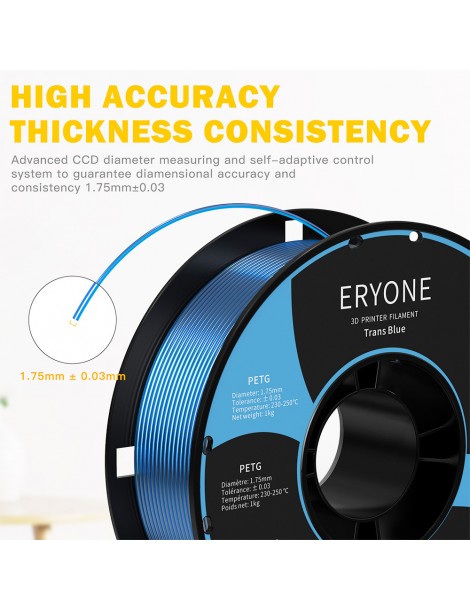 ERYONE PETG Filamento per stampante 3D 1 75mm Tolleranza 0 03mm 1KG(2.2LBS)/Spool - Blu trasparente Promozione Limitata