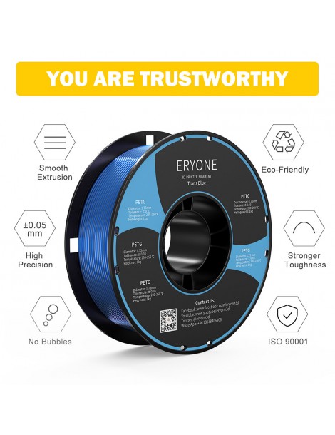 ERYONE PETG Filamento per stampante 3D 1 75mm Tolleranza 0 03mm 1KG(2.2LBS)/Spool - Blu trasparente Promozione Limitata