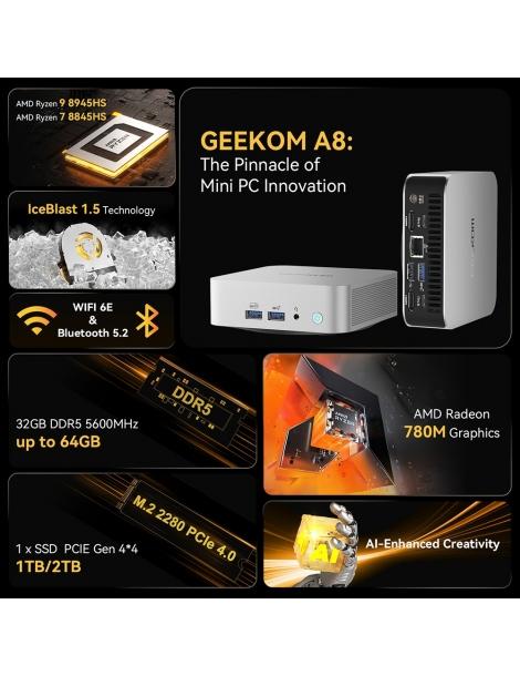 GEEKOM A8 AI Mini PC AMD Ryzen 9 8945HS 8 Core Max 5.2GHz 32GB DDR5 RAM 2TB SSD Presa