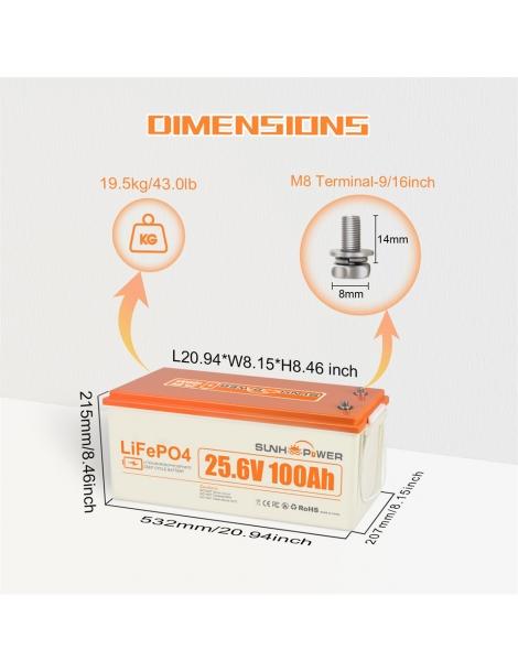 SUNHOOPOWER 24V 100Ah LiFePO4 Batteria energia 2560Wh BMS 100A integrato potenza di carico max. 2560W IP68 In Vendita
