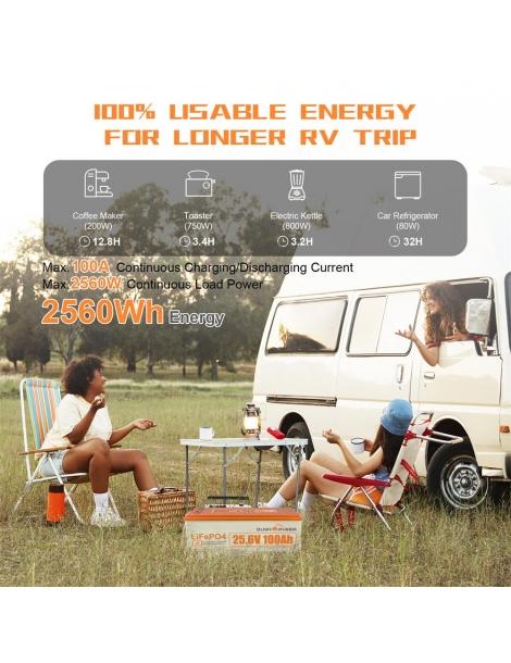 SUNHOOPOWER 24V 100Ah LiFePO4 Batteria energia 2560Wh BMS 100A integrato potenza di carico max. 2560W IP68 In Vendita