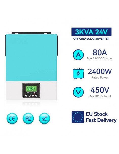 Inverter solare off grid DAXTROMN 2400W caricatore solare MPPT 24V DC 80A inverter sinusoidale puro con ingresso PV 450V DC Nuovo