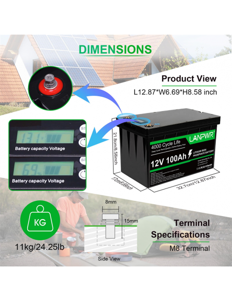 LANPWR Batteria di backup 12V 100Ah LiFePO4 1280Wh di energia 4000 cicli profondi Consegna Veloce